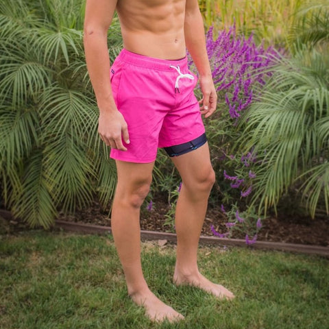 2 in 1 Stretch Men's Swim Trunks With Compression Liner Gym Shorts Pink