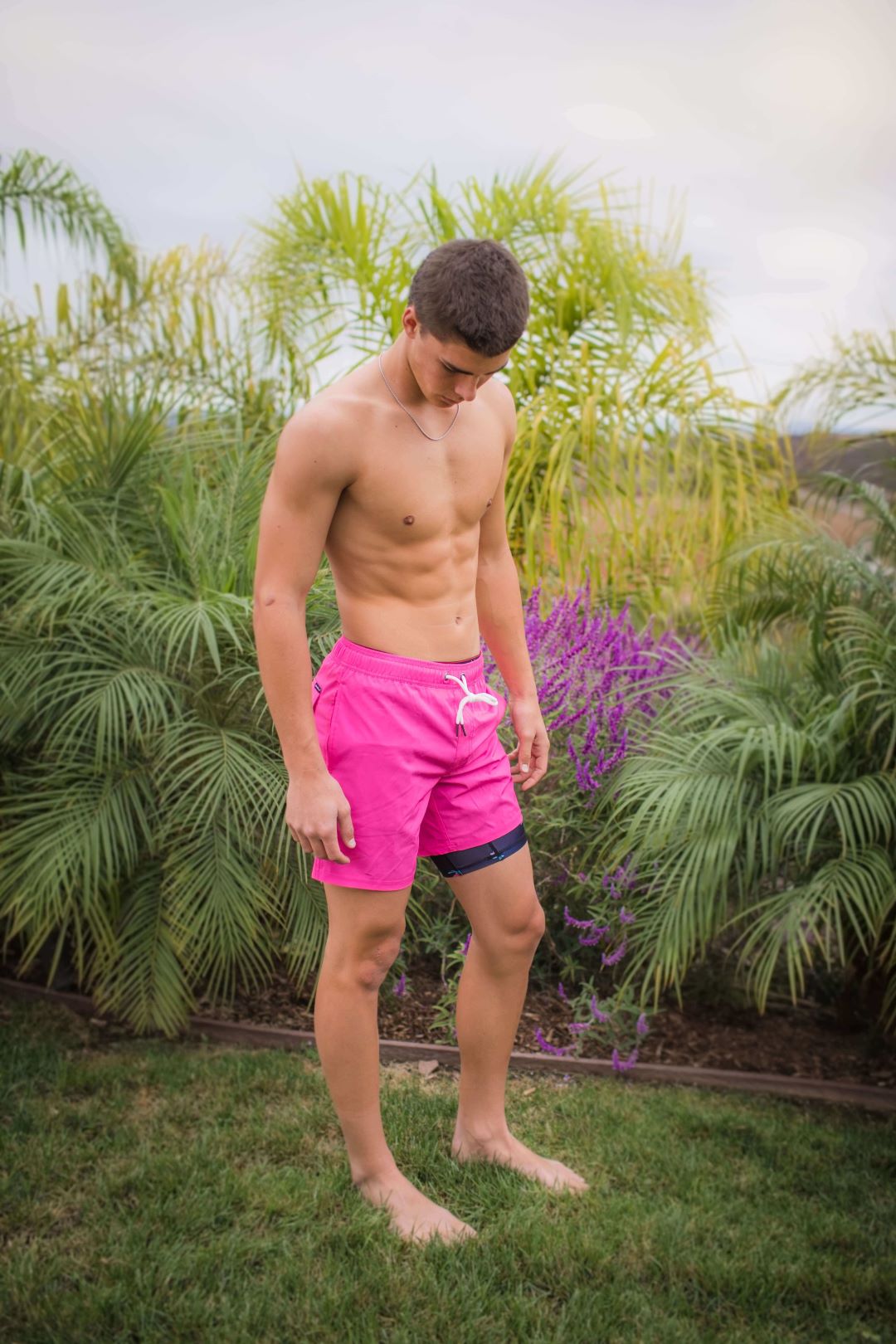 2 in 1 Stretch Men's Swim Trunks With Compression Liner Gym Shorts Pink