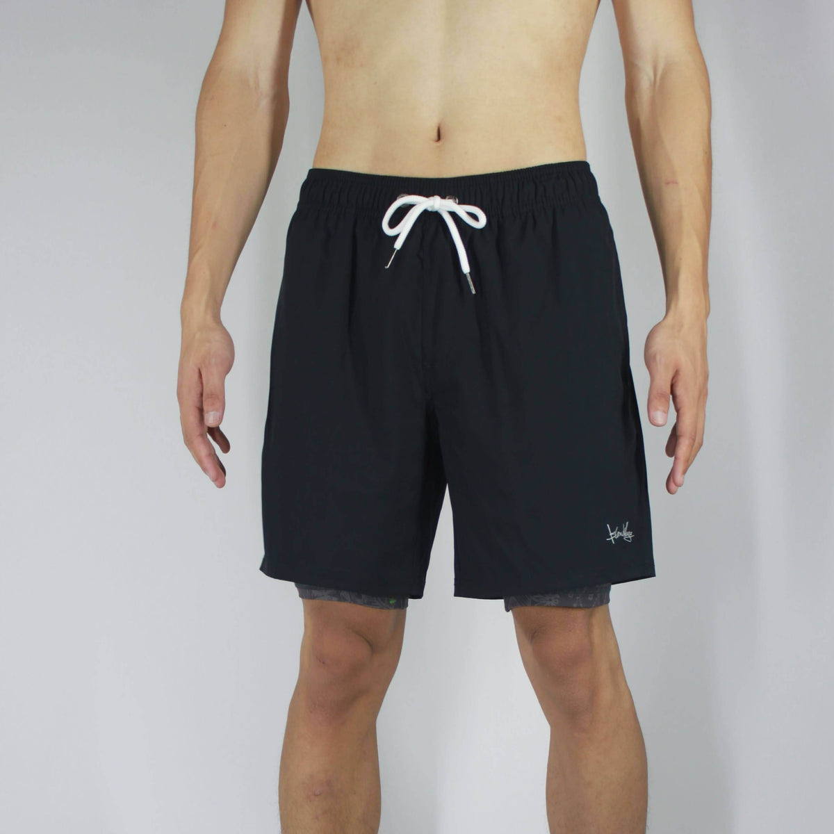 2 in 1 Stretch Men's Swim Trunks With Compression Liner Gym Shorts Black